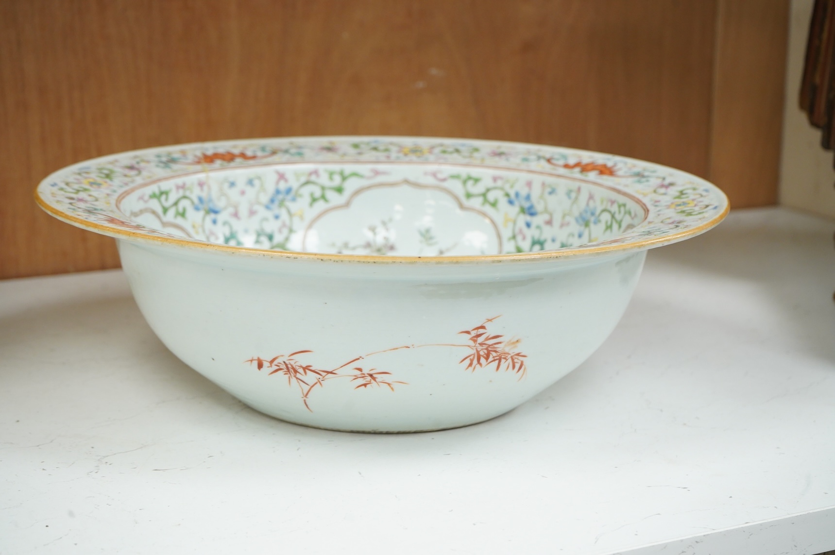 A mid 19th century Chinese famille rose basin, 38cm diameter